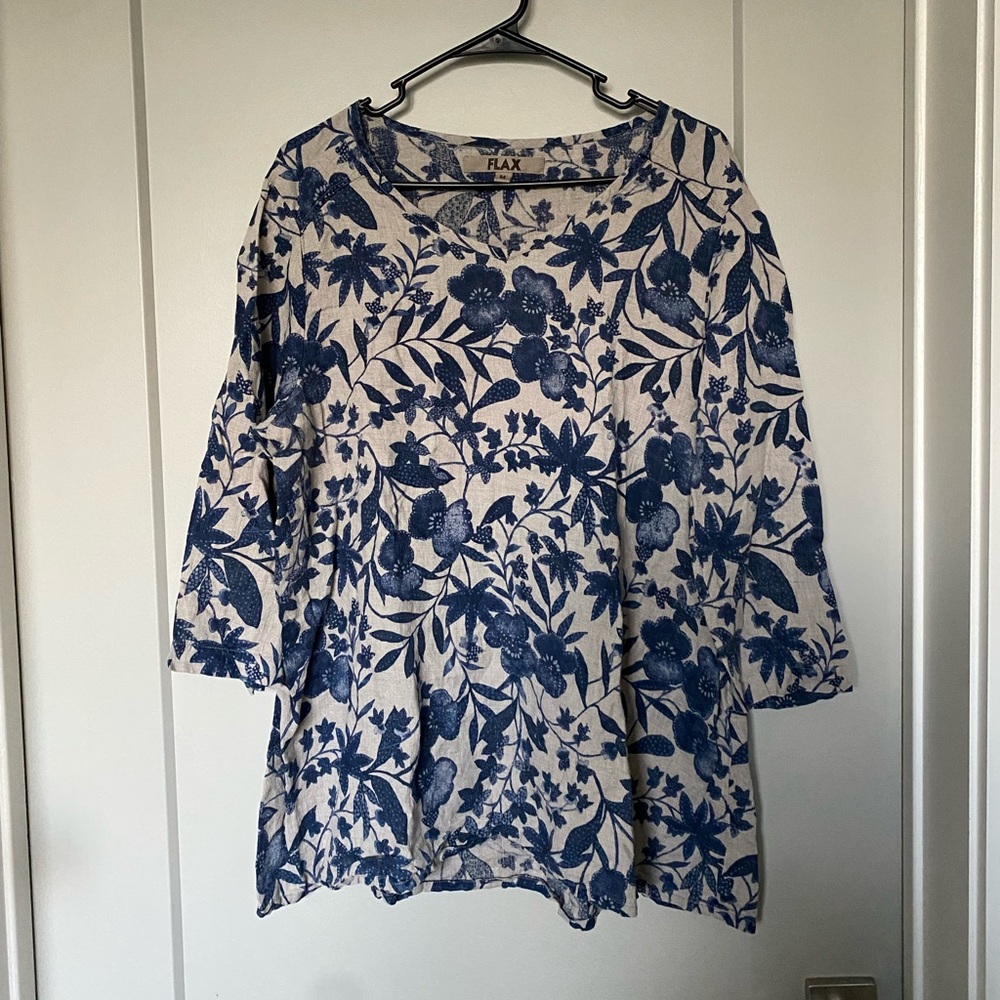 FLAX 100% linen floral oversized pullover blouse tunic